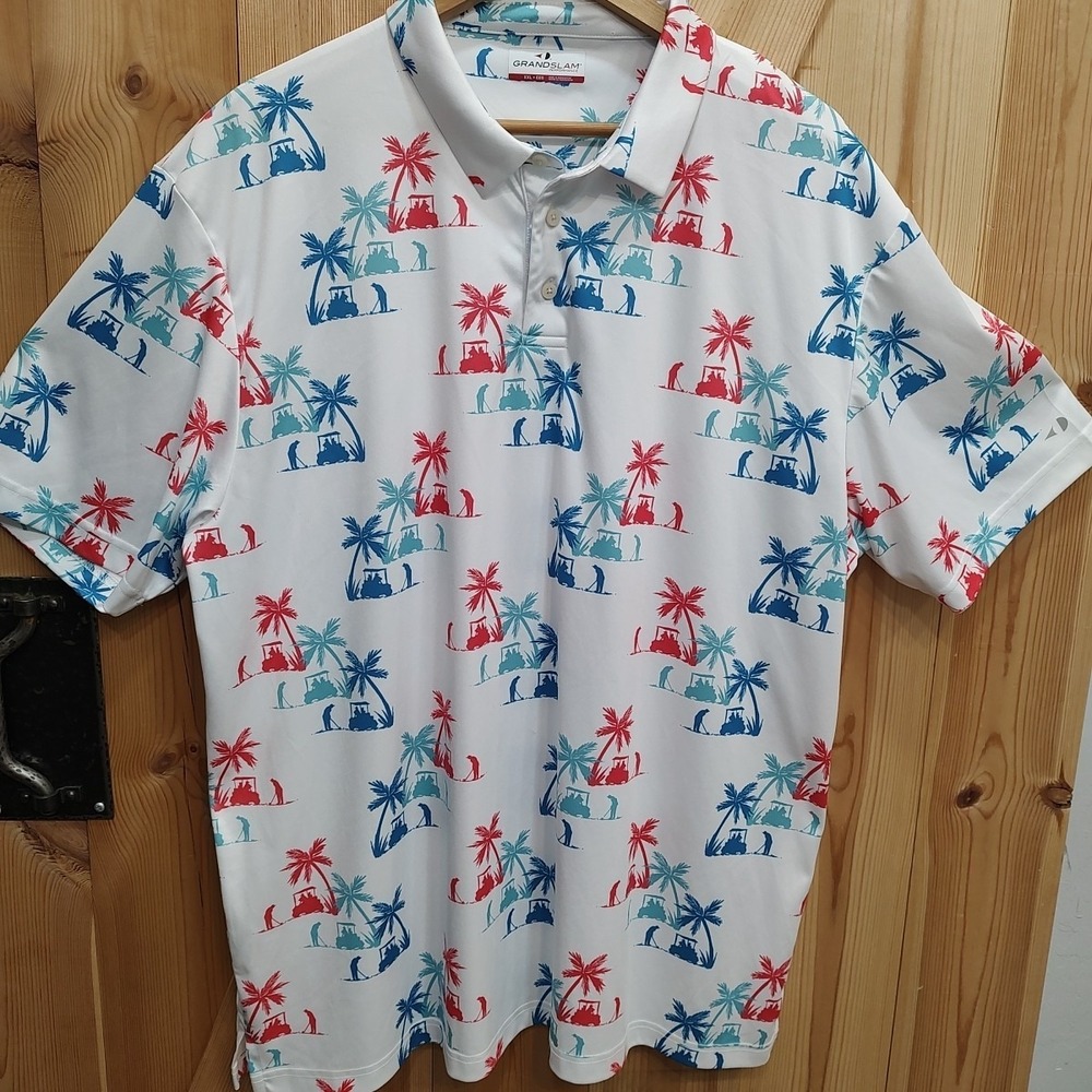 GrandSlam Performance Golf Polo Mens XXL‎ Tropical Palm Tree Golf Cart ShirtCart